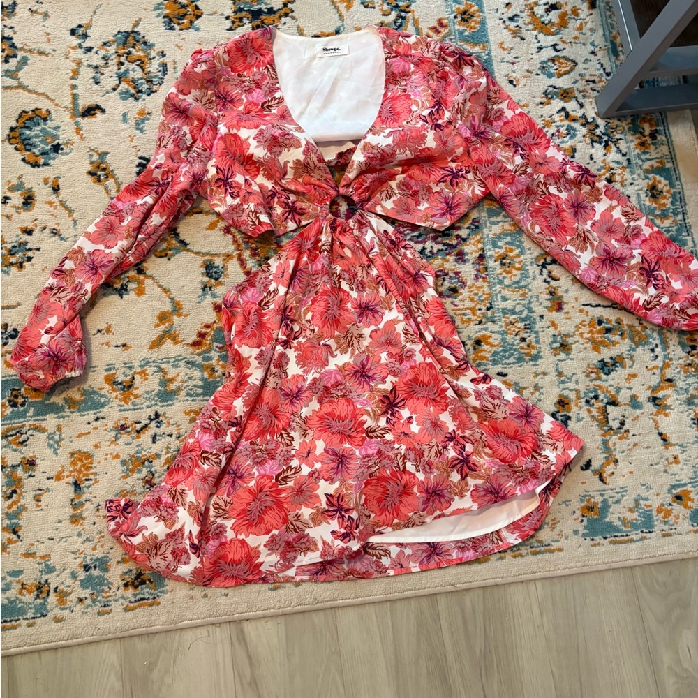SHOWPO Floral Pink and Red Dress with Long Sleeves